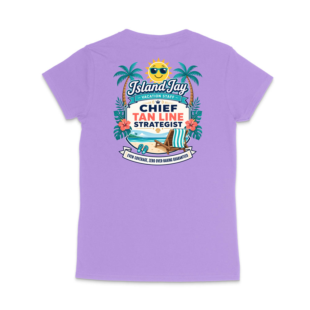 A light purple short-sleeve t-shirt shown from the back, featuring a colorful graphic print with palm trees, a sun, and text that reads 'Island Jay' and 'Chief Tan Line Strategist'.
