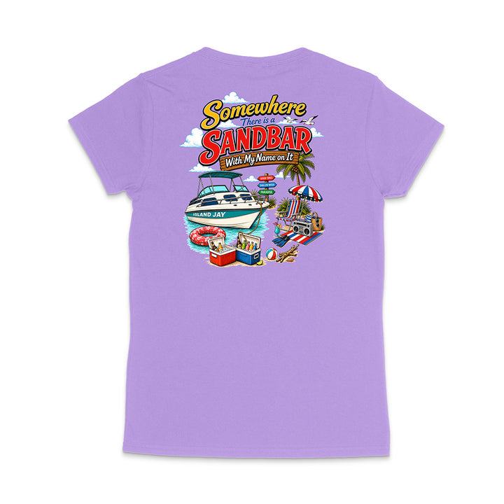 A lavender purple short-sleeve t-shirt shown from the back, featuring a colorful graphic print with the text 'Somewhere From The SANDBAR With My Name On It' and a beach scene illustration.