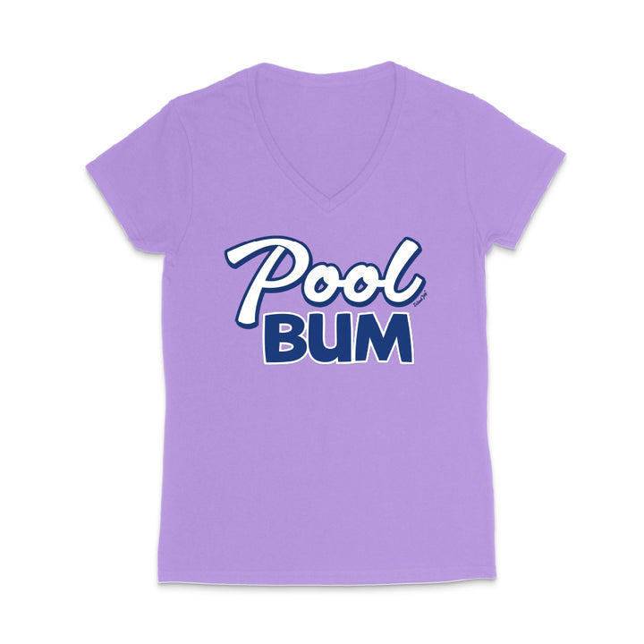 Purple t-shirt with 'Pool Bum' text on a white background