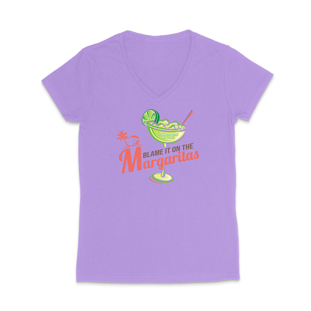 Purple t-shirt with a graphic of a margarita and text 'Blame it on the Margaritas' on a white background