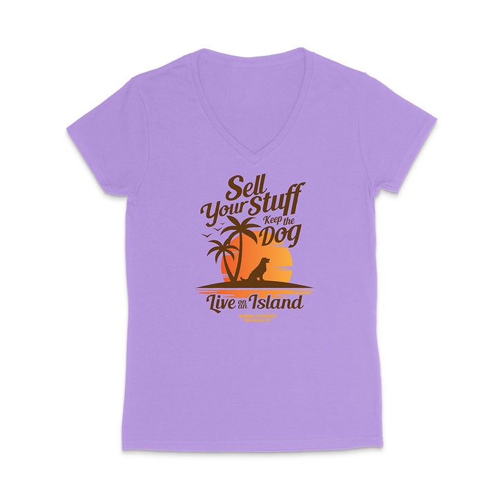 Purple t-shirt with a graphic design and text on a white background