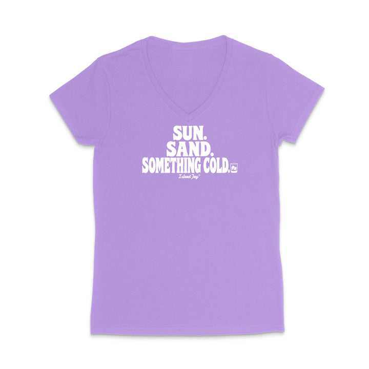 A light purple short-sleeve V-neck t-shirt with a white graphic text print reading 'SUN. SAND. Something cold