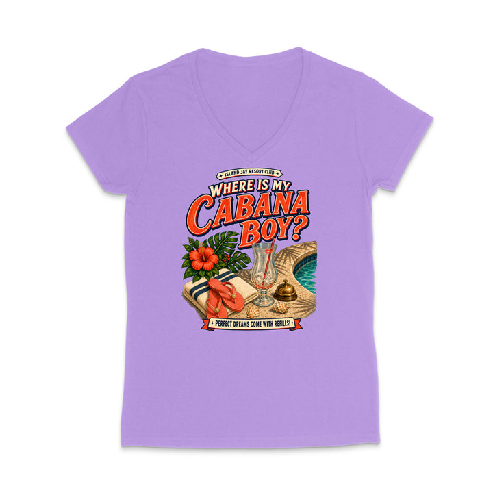 A light purple short-sleeve V-neck t-shirt with a colorful retro graphic on the front that reads 'WHERE IS MY CABANA BOY?' with tropical and pool-themed illustrations.