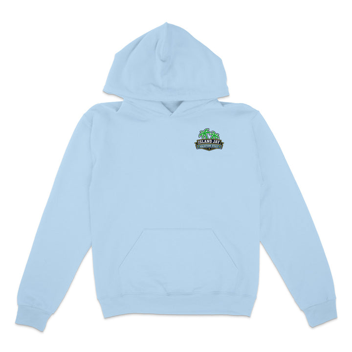 A light blue pullover hoodie with a small green and black graphic on the left chest, displayed flat against a solid white background.