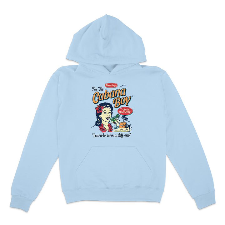 Light Blue hoodie with vintage beach graphic and text reading "I'm The Cabana Boy Training Academy - Learn to serve a stiff one" on a white background.