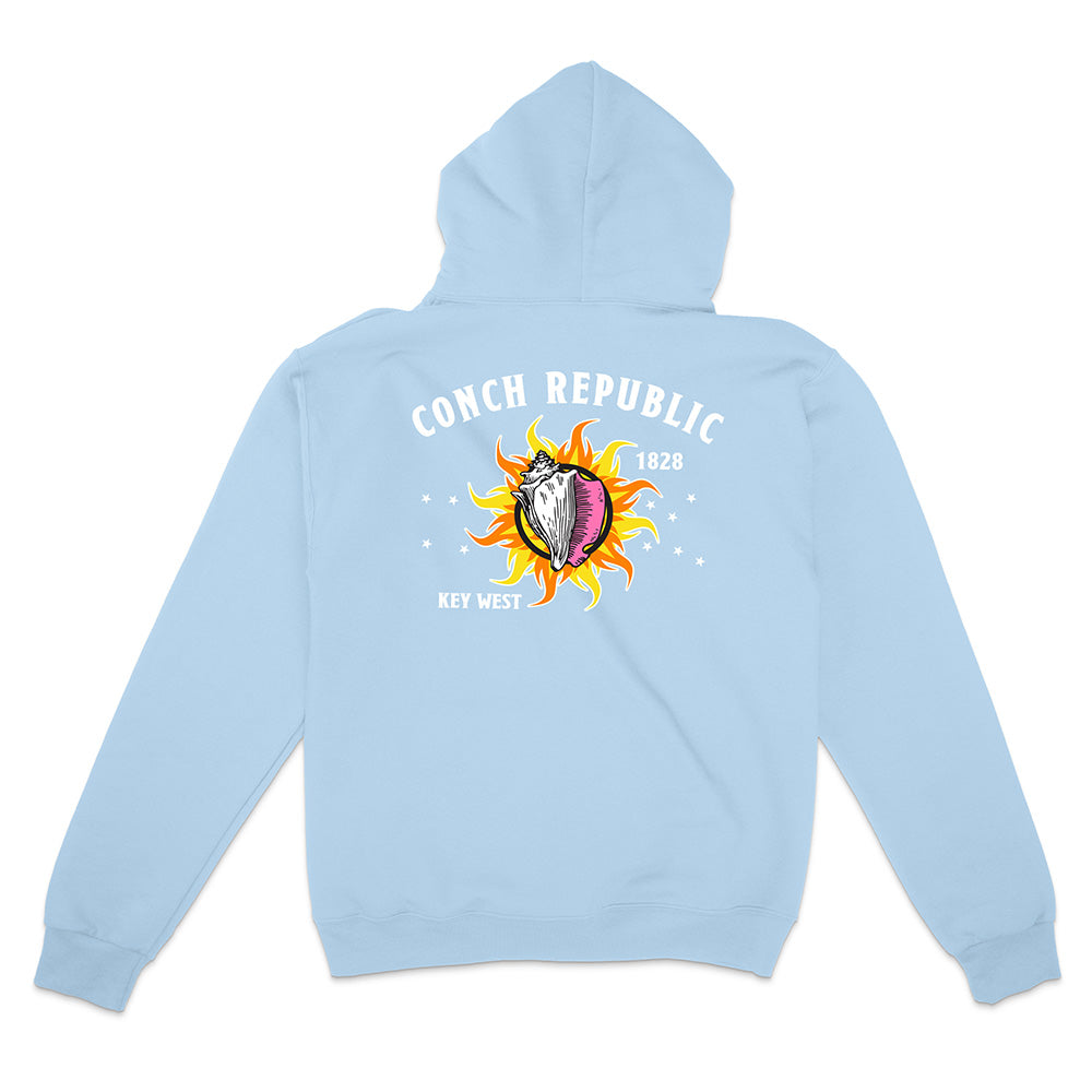 Light Blue Hoodie with Key West Flag Graphic text reading "Conch Republic Key West 1828" on a white background.
