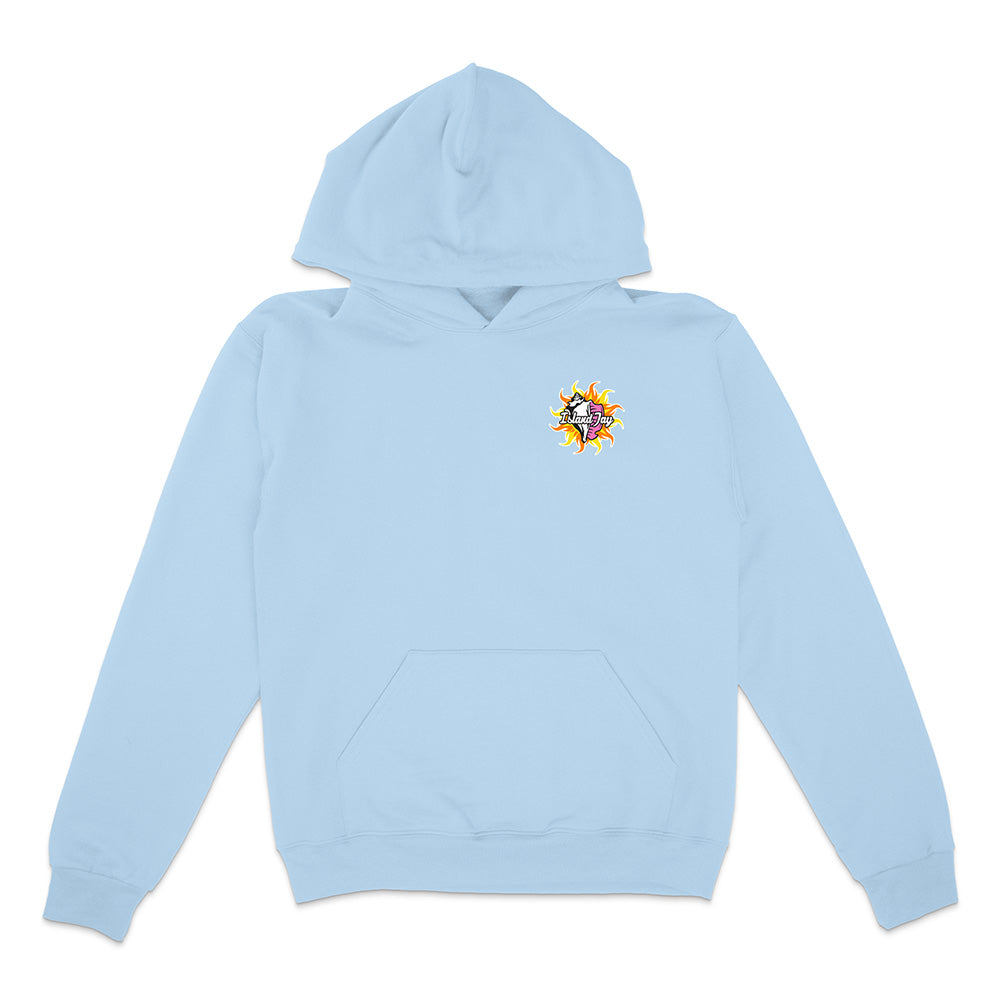 Light blue Hoodie with colorful conch on the chest on a white background.