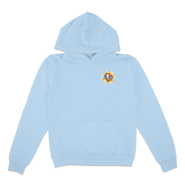 Light blue Hoodie with colorful conch on the chest on a white background.