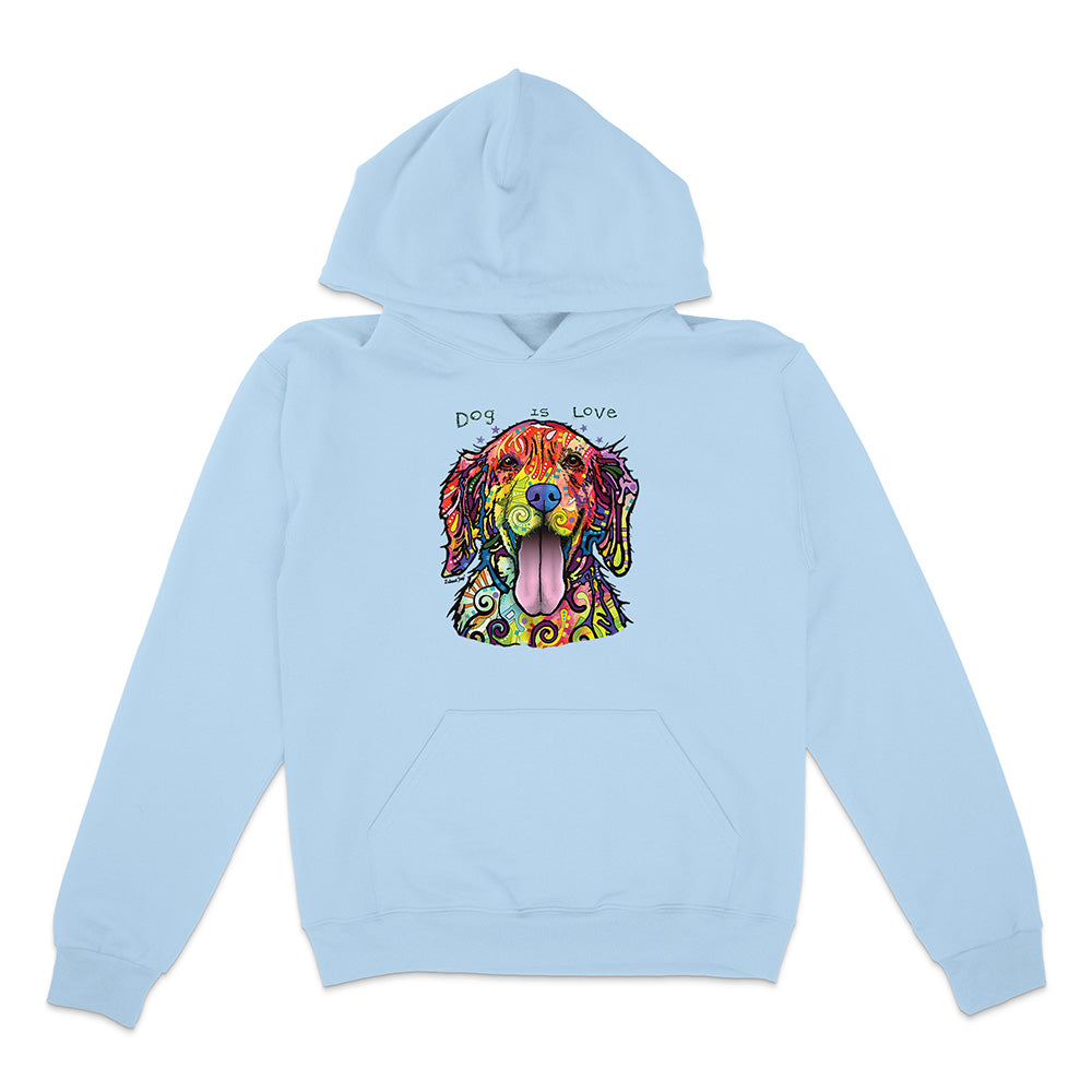 Light blue hoodie with a colorful dog graphic and 'Dog is Love' text on a white background