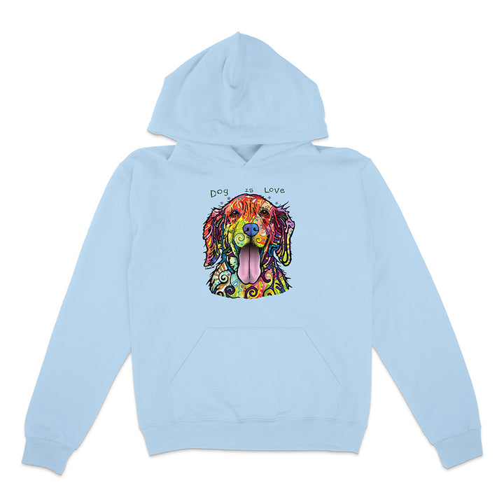 Light blue hoodie with a colorful dog graphic and 'Dog is Love' text on a white background