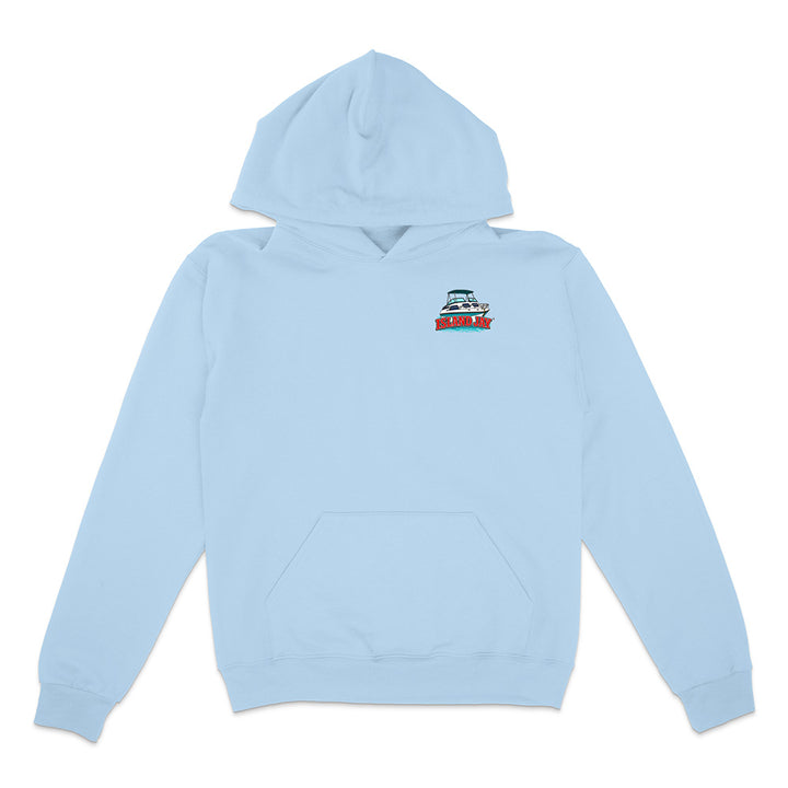 A light blue pullover hoodie with a small graphic on the left chest depicting a sailboat and the text 'SAILING'. The hoodie is displayed flat against a plain white background.