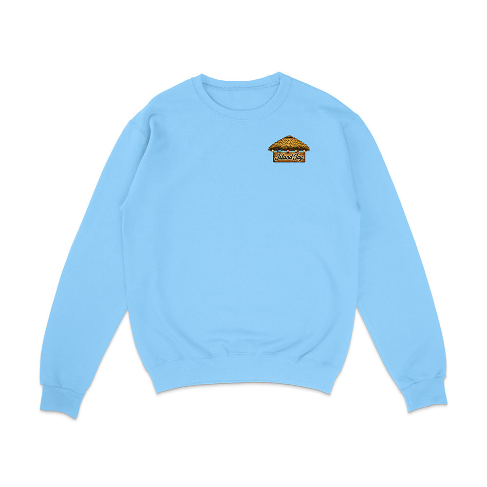 A light blue crewneck sweatshirt with a small graphic of a golden-brown basket on the left chest, displayed on a clean white background.