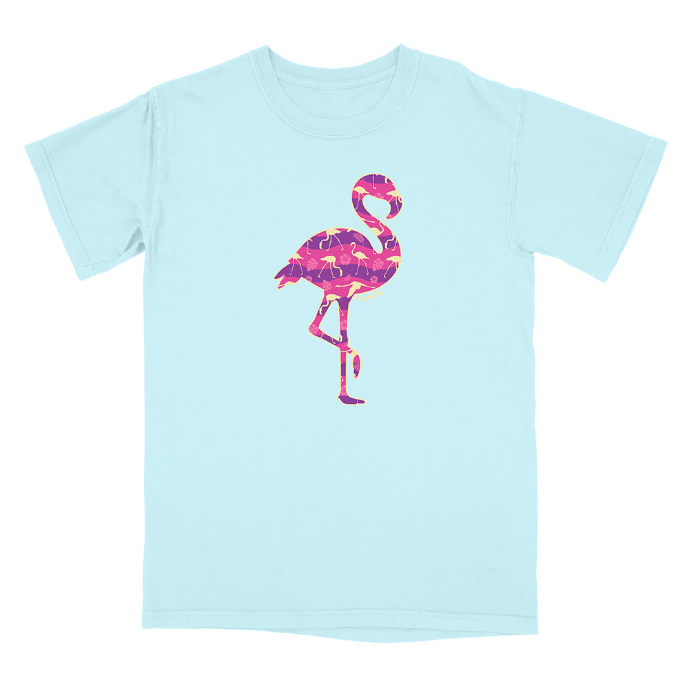 Light Blue t-shirt with a pink flamingo design on a white background.