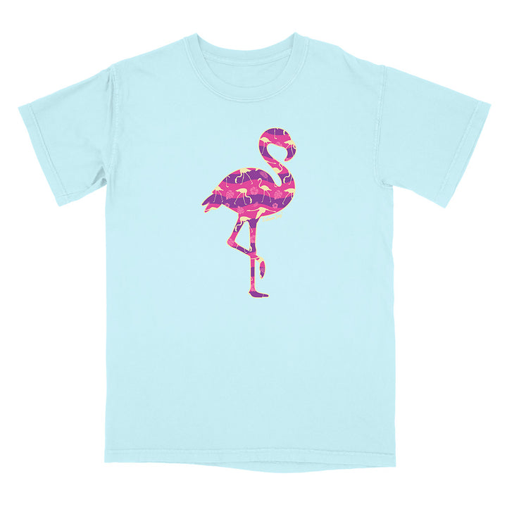 Light Blue t-shirt with a pink flamingo design on a white background.
