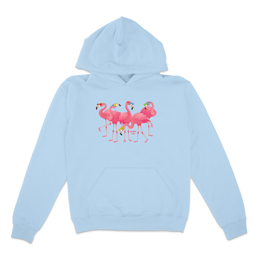 Light blue hoodie with pink flamingo design on a white background
