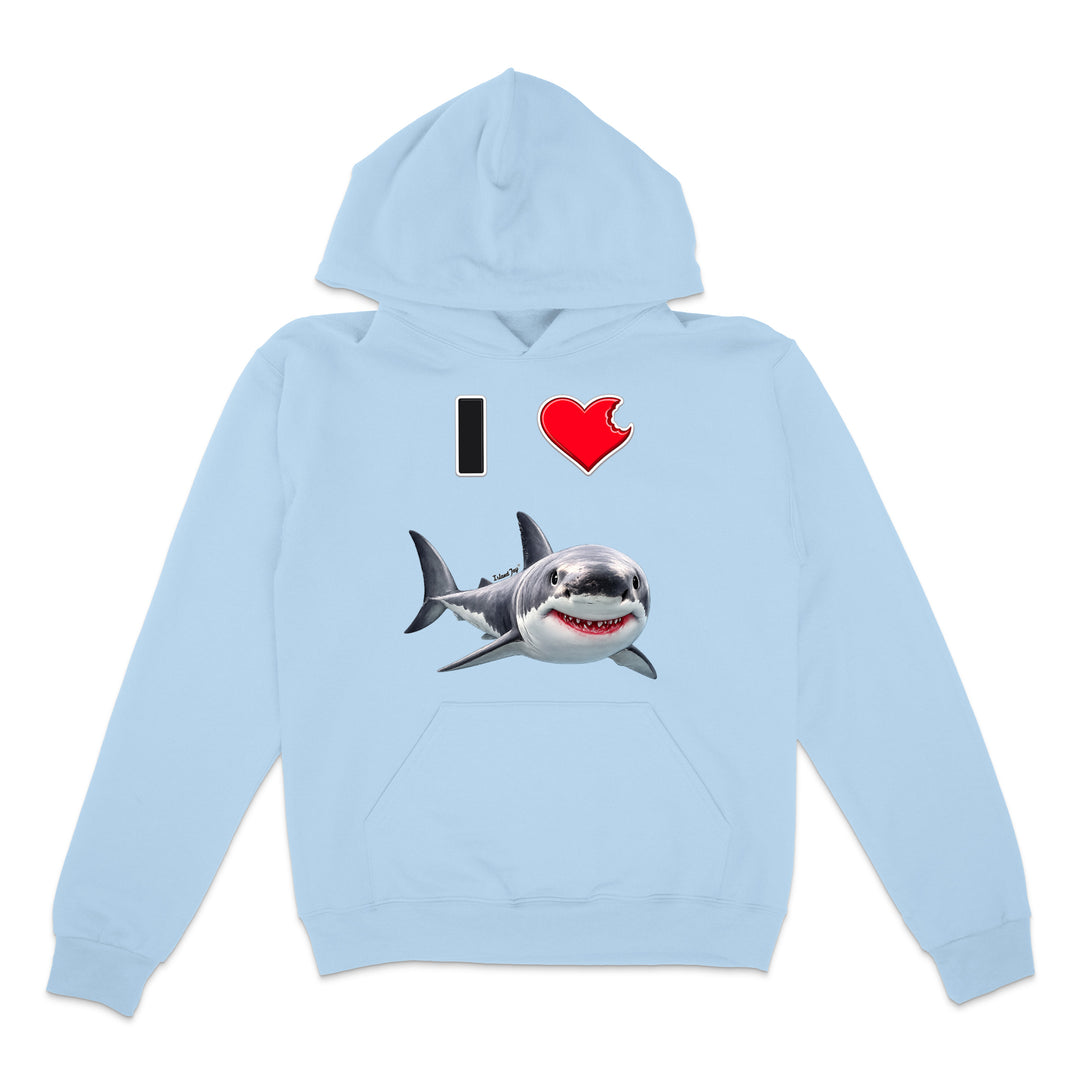 A light blue pullover hoodie with a graphic print on the front showing a black bar, a red heart, and a cartoon shark.