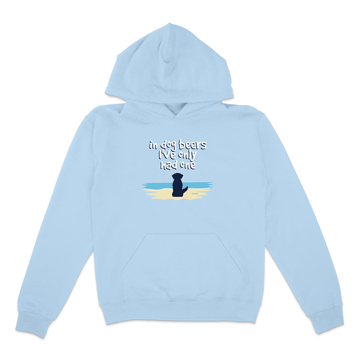 Light Blue hoodie with dog and beach graphic and text reading "In dog beers I've only had one" on a white background.