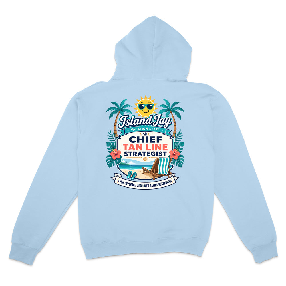 A light blue hoodie shown from the back, featuring a colorful graphic print with palm trees, a sun, a beach chair, and the text 'IslandJays' and 'CHIEF TAN LINE STRATEGIST'.