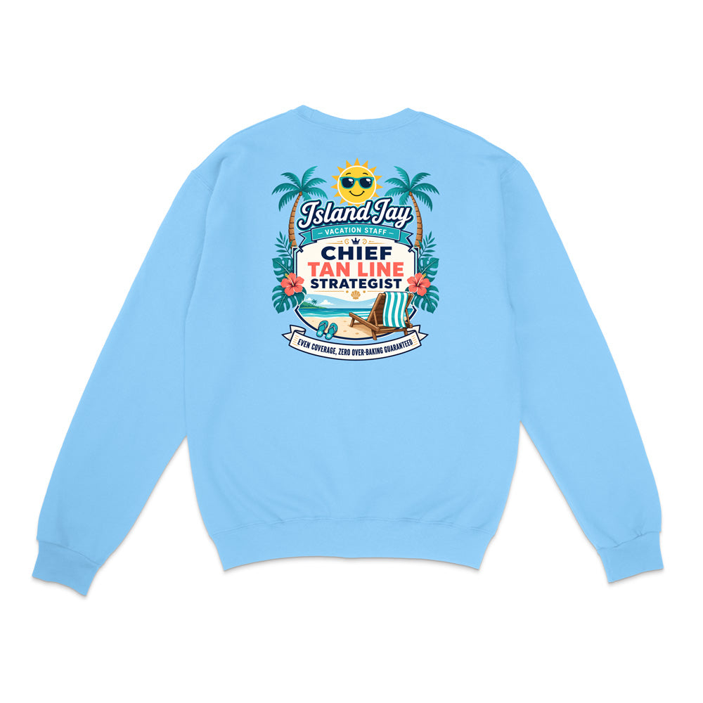 A light blue crewneck sweatshirt shown from the back, featuring a colorful graphic print with palm trees, a beach chair, and text that reads 'Chief Tan Line Strategist'.