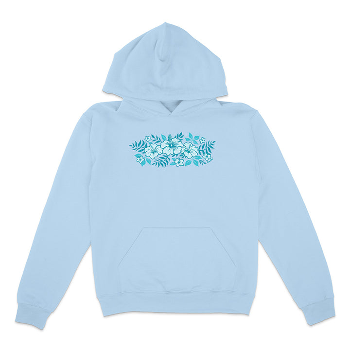 Light Blue hoodie with blue floral design on a white background