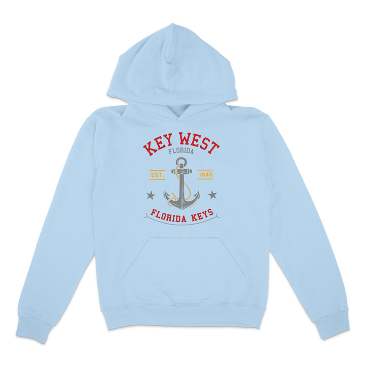 Light blue hoodie with 'Key West, Florida' text and anchor graphic on a white background
