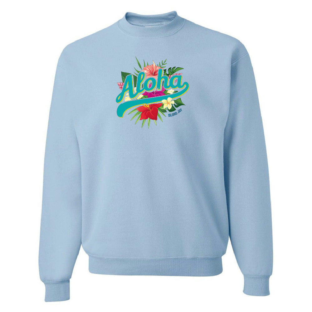 Light blue sweatshirt with 'Aloha' and floral design on a white background