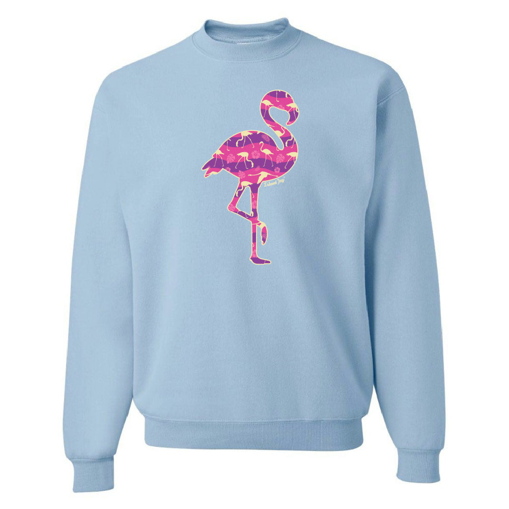 Light Blue sweatshirt with a colorful flamingo design on a white background