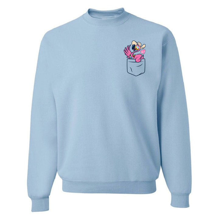 Light blue sweatshirt with a colorful pocket design on a white background