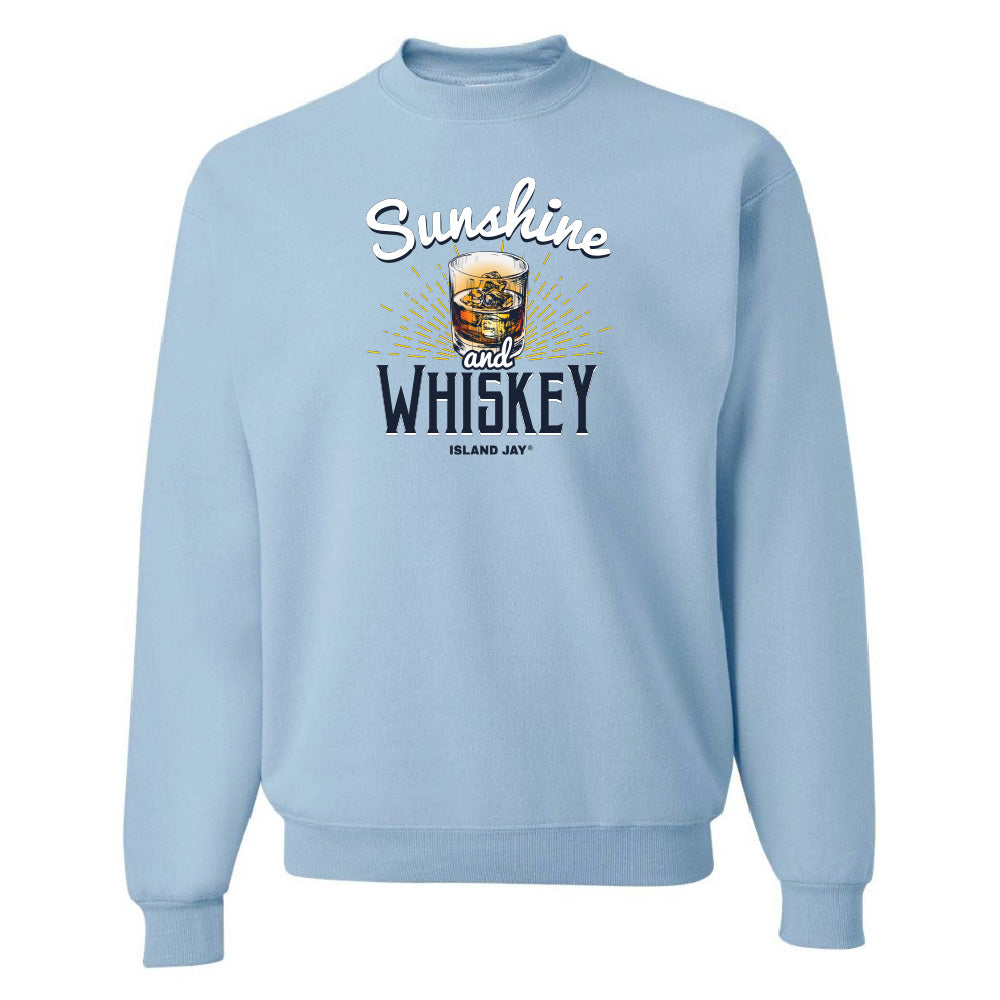 Light blue sweatshirt with 'Sunshine and Whiskey' text and glass graphic on a white background