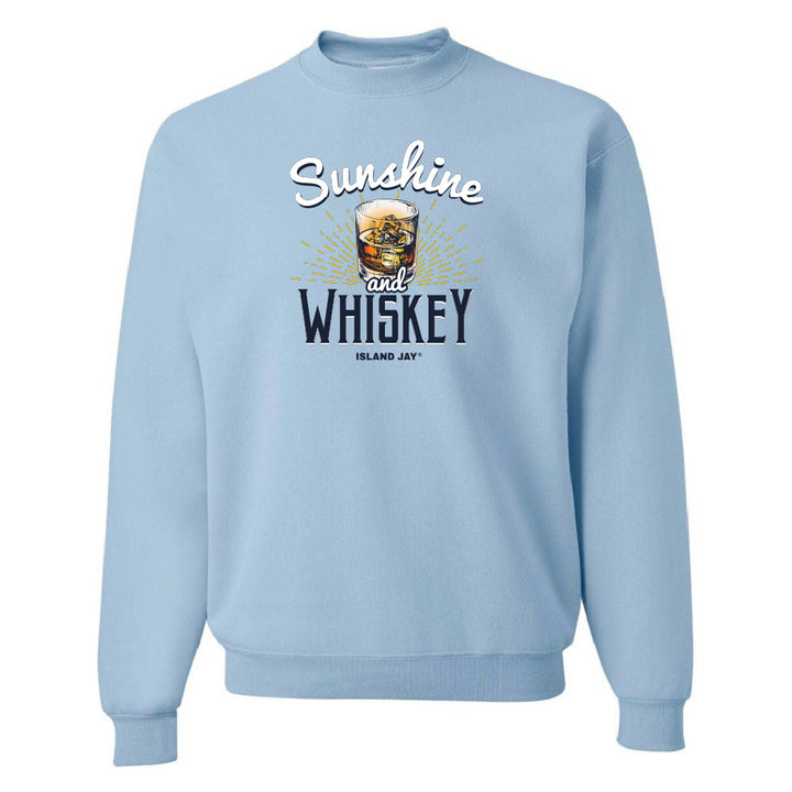 Light blue sweatshirt with 'Sunshine and Whiskey' text and glass graphic on a white background