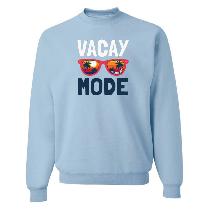 Light blue sweatshirt with 'Vacay Mode' text and sunglasses graphic on a white background