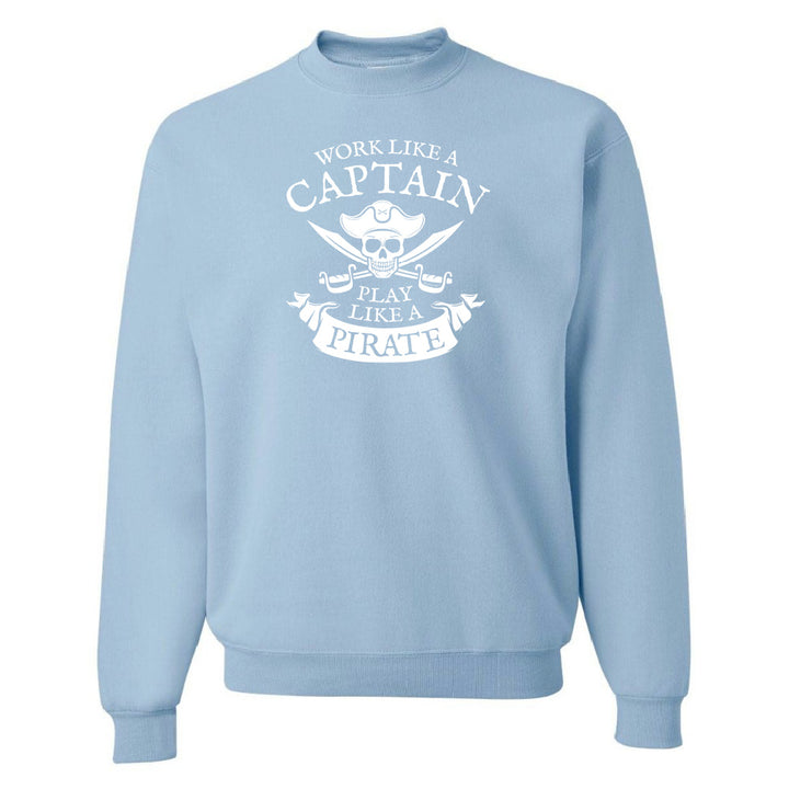 Light blue sweatshirt with white graphic and text on a white background