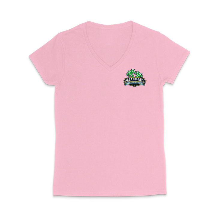 A pink women's short-sleeve V-neck t-shirt with a small colorful graphic on the left chest featuring palm trees and the text 'Island Jay Vacation Staff'.