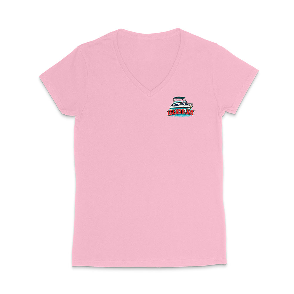 A light pink women's short-sleeve V-neck t-shirt with a small graphic of a boat and the text 'SUNSET KEY' on the left chest, displayed on a clean white background.
