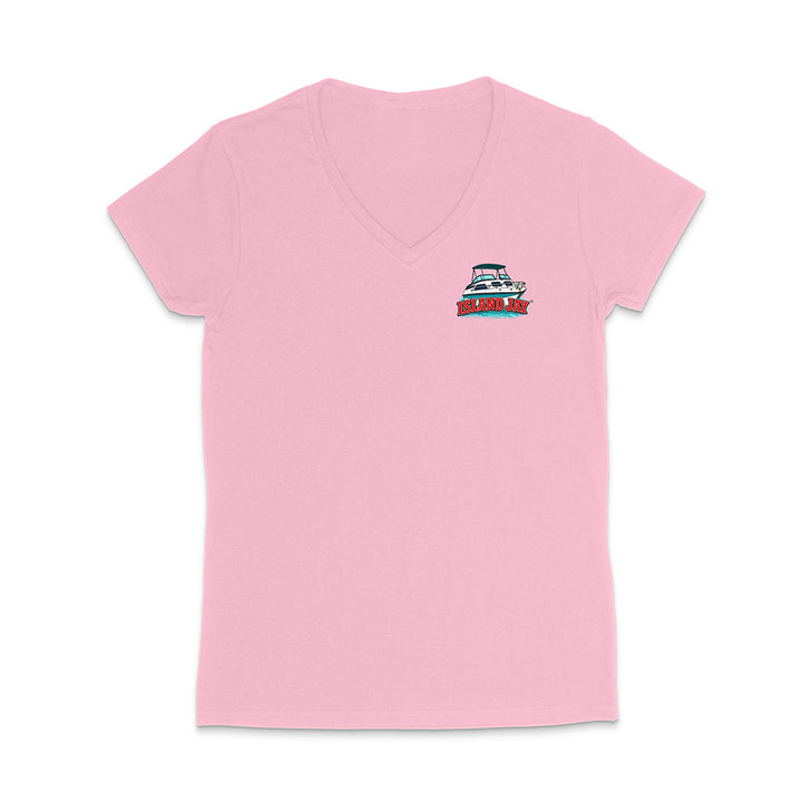 A light pink women's short-sleeve V-neck t-shirt with a small graphic of a boat and the text 'SUNSET KEY' on the left chest, displayed on a clean white background.