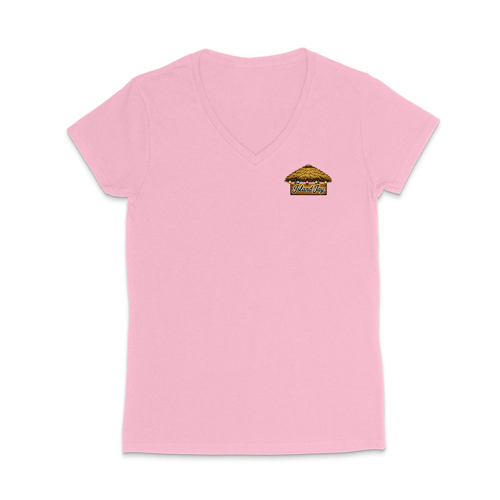 A light pink women's short-sleeve V-neck t-shirt with a small graphic of a taco on the left chest, displayed on a clean white background.