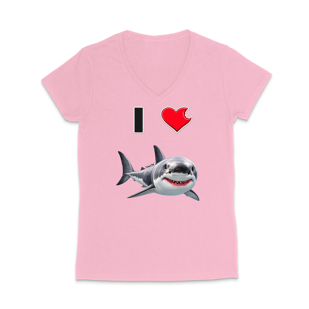 A light pink women's V-neck t-shirt featuring a graphic print of a cartoon shark and the text 'I' followed by a red heart, displayed on a clean white background.