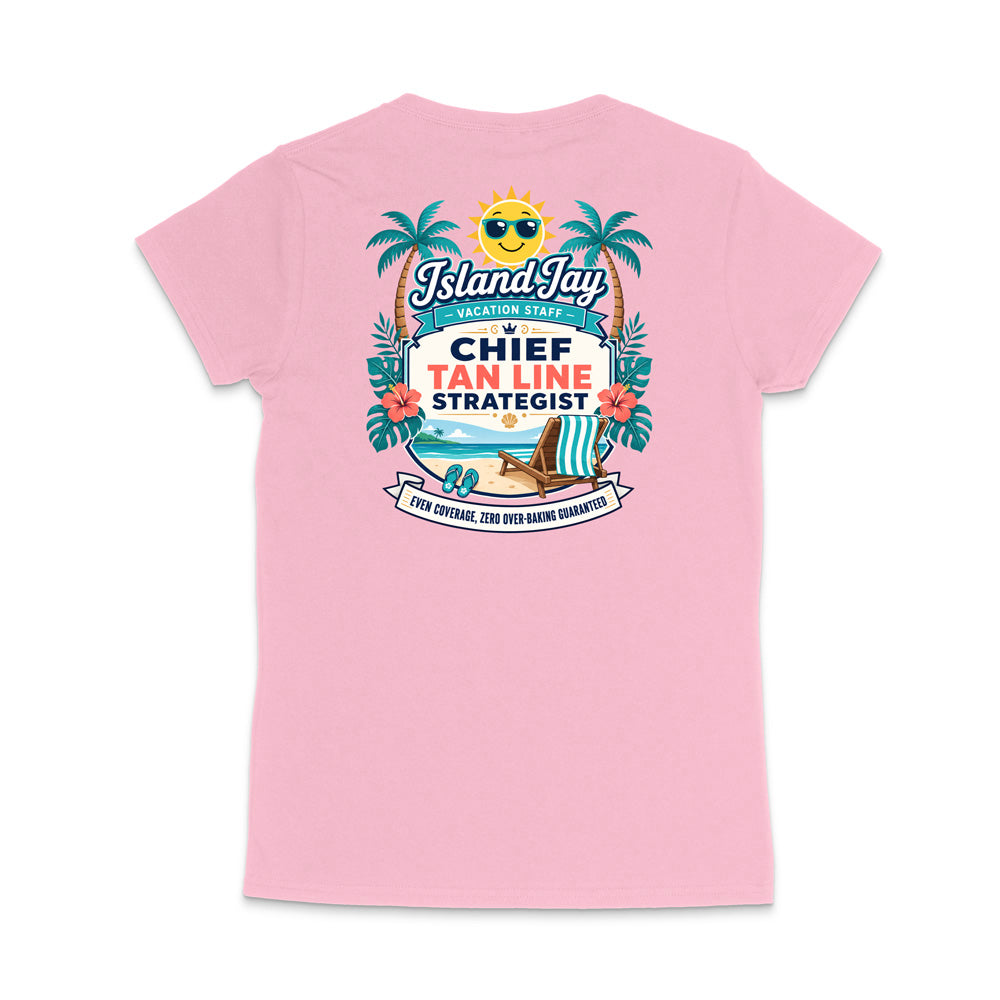 A light pink short-sleeve t-shirt shown from the back, featuring a colorful graphic print with palm trees, a smiling sun, a beach chair, and the text 'Island Jay Chief Tan Line Strategist'.