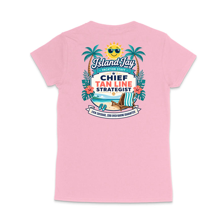 A light pink short-sleeve t-shirt shown from the back, featuring a colorful graphic print with palm trees, a smiling sun, a beach chair, and the text 'Island Jay Chief Tan Line Strategist'.