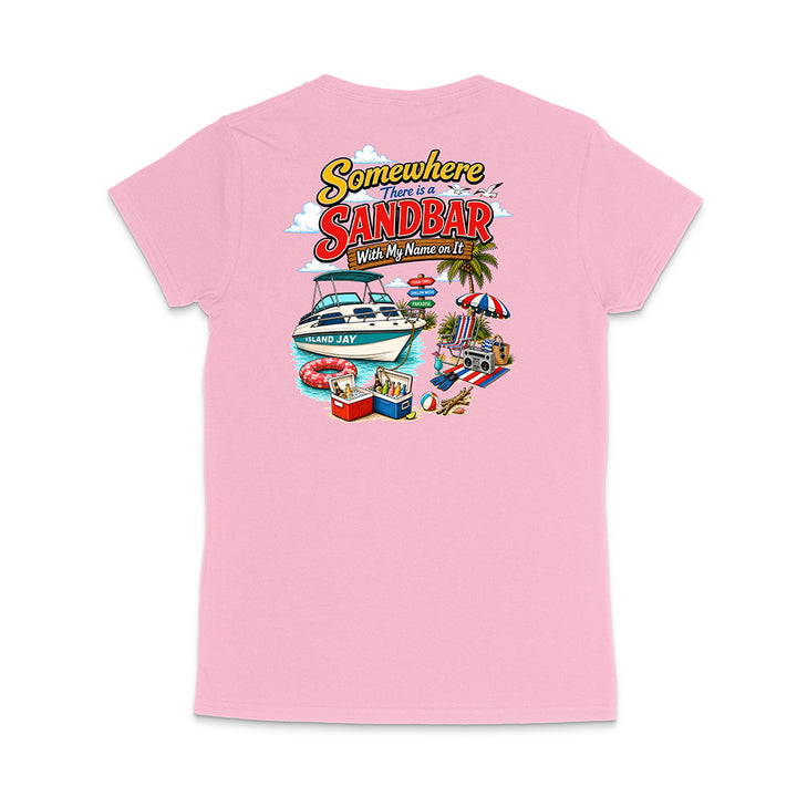 A light pink short-sleeve t-shirt shown from the back, featuring a colorful graphic print with the text 'Somewhere There Is A Sandbar' and a beach-themed illustration.