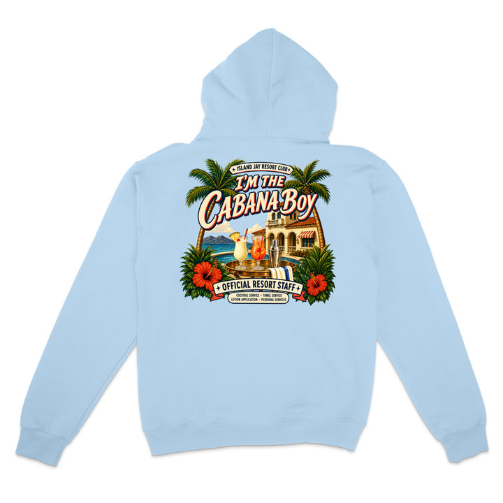 A light blue hoodie shown from the back, featuring a large, colorful retro-style graphic print with palm trees, hibiscus flowers, a beach scene, and the text 'I'M THE CABANA BOY' and 'OFFICIAL RESORT STAFF'.