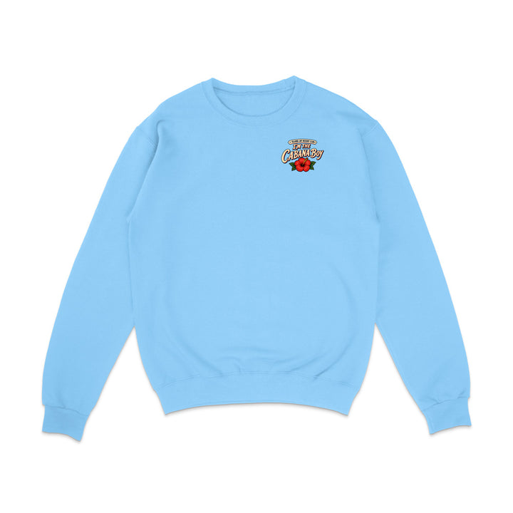 A light blue crewneck sweatshirt with a small graphic on the left chest featuring a red rose and the text 'BLOOMING GEMSTONE UNIVERSITY'.