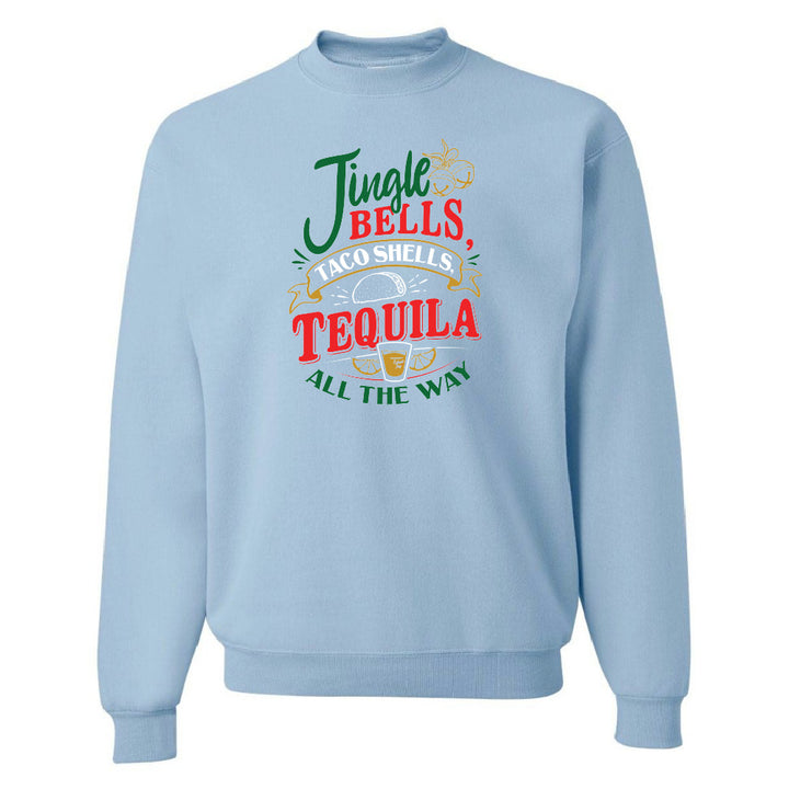 Light blue sweatshirt with colorful text design on a white background