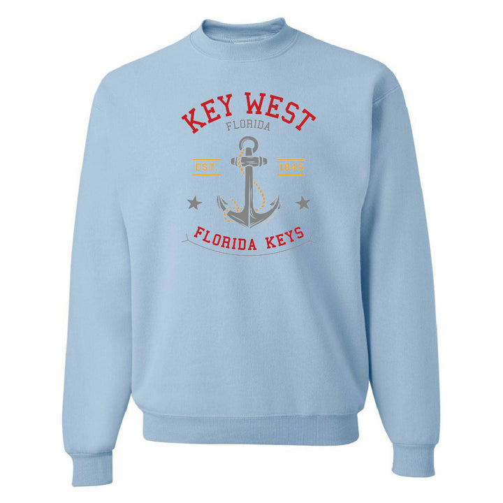 Light blue sweatshirt with 'Key West, Florida' and anchor design on a white background