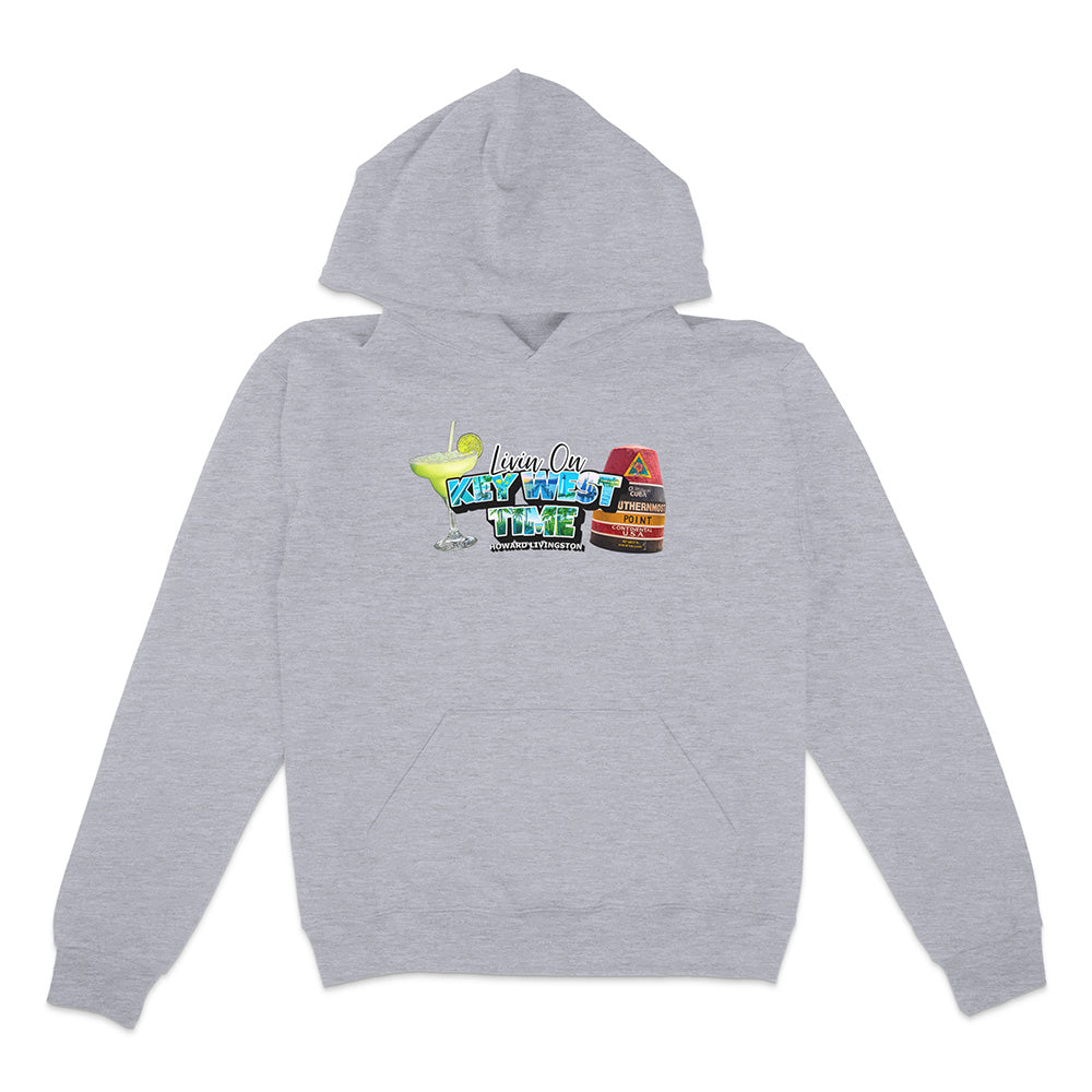 Gray hoodie with colorful graphic on a white background