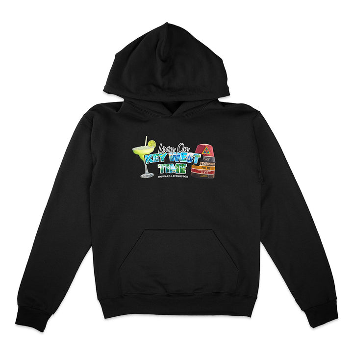 Black hoodie with colorful graphic design on a white background