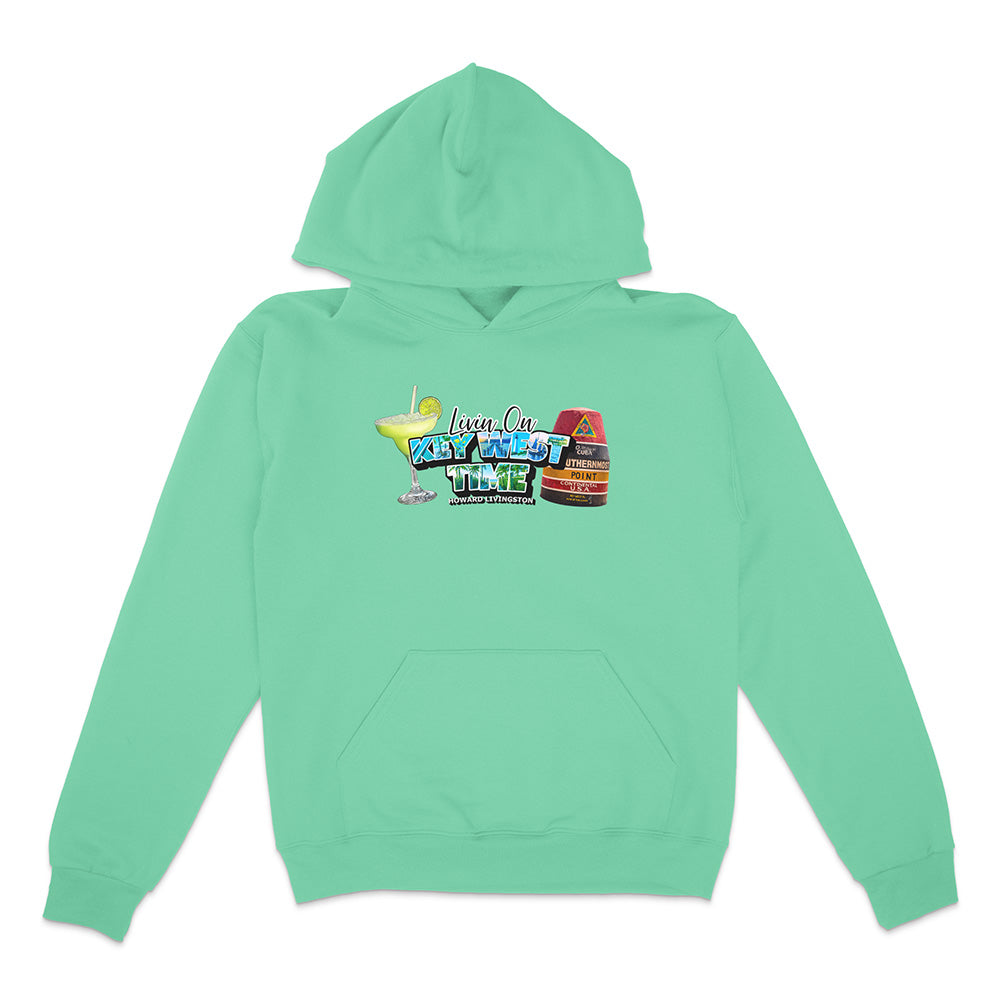 Mint green hoodie with colorful graphic on a white background