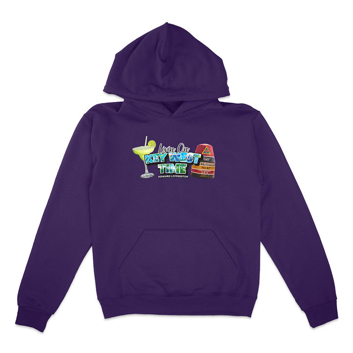 Purple hoodie with colorful graphic design on a white background