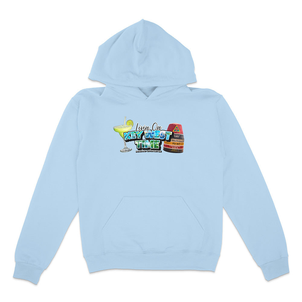 Light blue hoodie with colorful graphic design on a white background