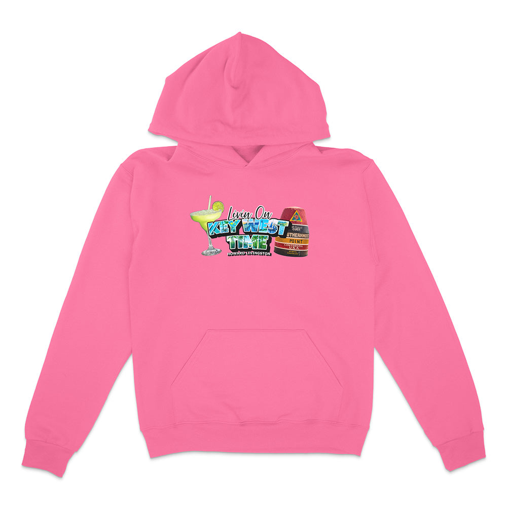 Pink hoodie with graphic design on a white background